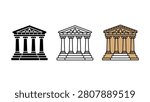 Three different colored illustrations of ancient Greek or Roman temple facades side by side