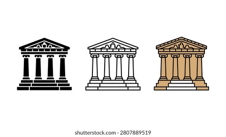 Three different colored illustrations of ancient Greek or Roman temple facades side by side