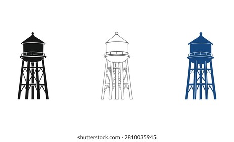 Three different colored illustrations of water towers on supports structures tanks
