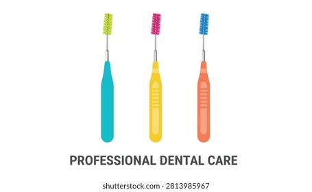 Three different colored interdental brushes with the text professional dental care written underneath, on a white background.