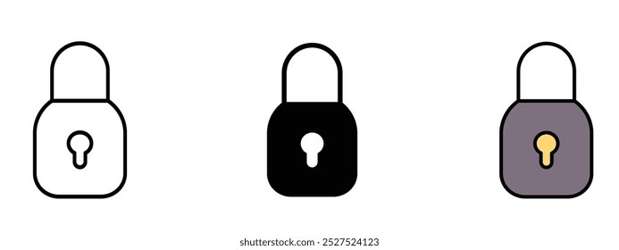 Três fechaduras coloridas diferentes são mostradas na imagem. As fechaduras são preto e branco e são mostradas em cores diferentes