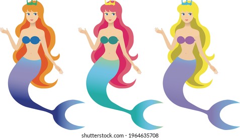 Three different colored mermaids raising their one hand