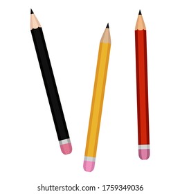 Three different colored pencils. A stationery item for writing and drawing. Vector illustration in a simple flat style for design and web.