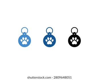 Three different colored pet identification tags featuring a paw print symbol in the center.