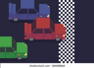 Three different colored pixel art cars on finish line