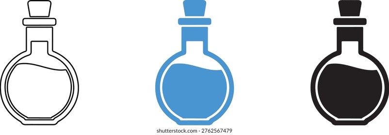 Three different colored potion bottles icons with stoppers and liquid inside isolated on white background