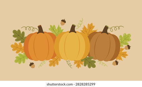 Three different colored pumpkins sit together surrounded by fallen autumn leaves and acorns in a simple and festive harvest display.