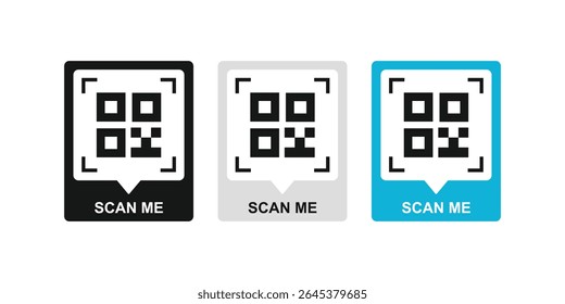 Três códigos QR coloridos diferentes que dizem "Scan Me". O azul é o mais proeminente. Os outros dois são cinza e preto