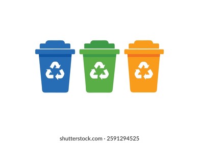 Three different colored recycling bins with the recycling symbol, designed for sorting waste