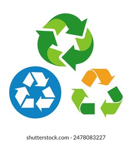Three different colored recycling symbols stacked on white background