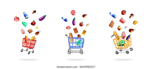 Three different colored shopping carts with groceries flying into them. Online market and grocery delivery concept.