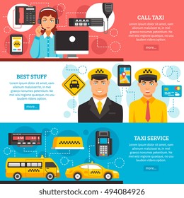 Three different colored taxi service banner set with descriptions of call taxi best stuff and taxi service vector illustration