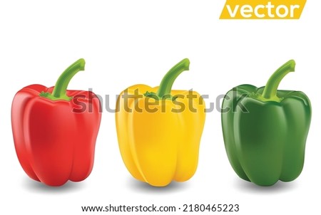 Three different colored and different types of sweet bell peppers (capsicum) and Fresh chilli pepper vector set on white background.