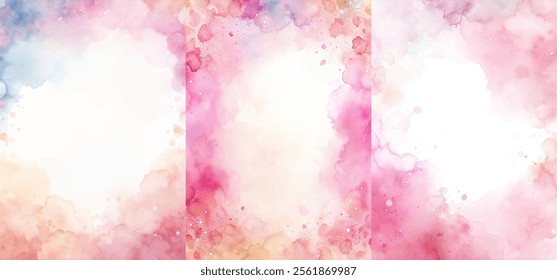 Three different colored watercolor paintings of a pink background with a white border. The paintings are all different but have a similar color scheme