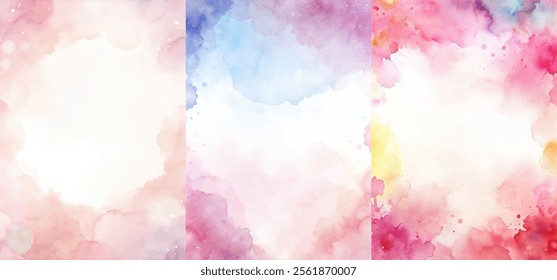 Three different colored watercolor paintings of a white background. The paintings are all different in color and style, but they all have a similar theme of watercolor art