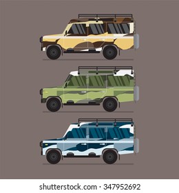 Three Different Colors Of Camouflage Jeep Vector Illustration