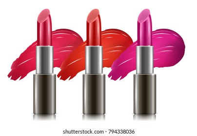 Three different colors Lipstick realisticks illustrations with smears. Three different colors. Makeup cosmetic concept isolated on white background