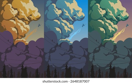 Three different colors scheme vector illustration of a witch on a broom flying through a stormy sky 