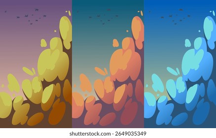 Three different colors scheme vector illustration of sunset clouds and birds in flight