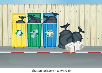 Three different colors of trash cans