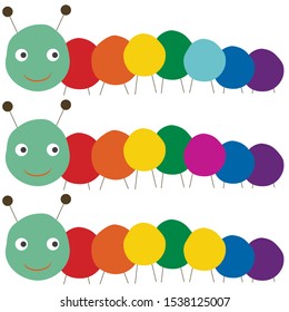 Three different colours caterpillars. Find a caterpillar with the right rainbow colors. Learning and training for children.