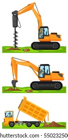 Tres camiones de construcción diferentes en la ilustración del lugar