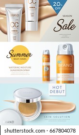 three different cosmetic themed web banner designs with product pictures, 3d illustration three different cosmetic themed web banner designs with product pictures, 3d illustration