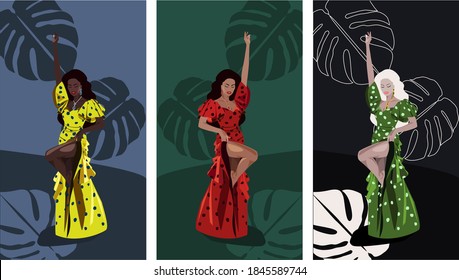 Tres hermosas mujeres bailarinas en vestidos amarillos, rojos y verdes  