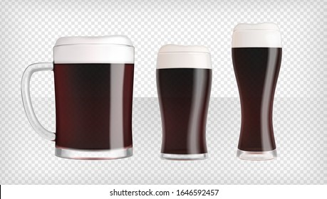 Three different dark beer glasses and mugs