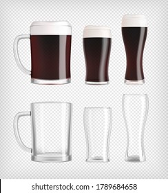 Three different dark beer glasses and mugs