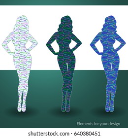 Three different dark women`s silhouettes and patterns with hand written words. Vector. Isolated.