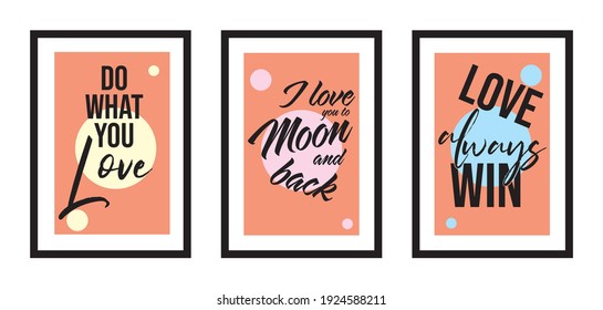 Tres diferentes diseños de póster minimalista en marco negro con tipografía de afiche minimalista del amor - vector