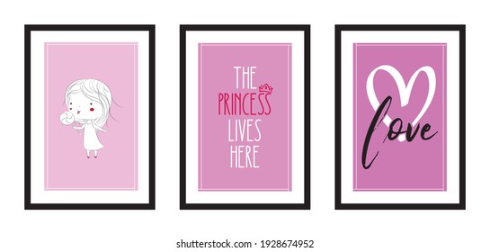 Three different design minimalist poster little princess in black frame with daily typography quotes - vector
