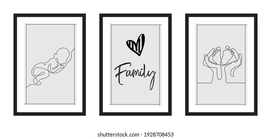 Tres diferentes diseños de póster minimalista para familia en marco negro con citas tipográficas diarias - vector