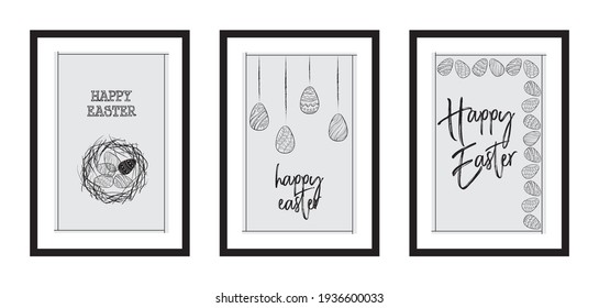 Drei verschiedene Design-minimalistische Poster für Frohe Ostern in schwarzem Rahmen mit Eiern, Nest, Typografie - Vektorgrafik