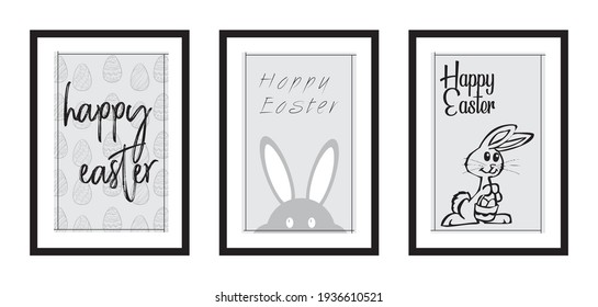 Three different design minimalist poster for happy easter in black frame with eggs,rabbit, typography - vector