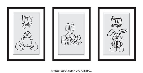 Tres diferentes diseños de póster minimalista para la Pascua feliz en marco negro con huevos, nido, tipografía - vector