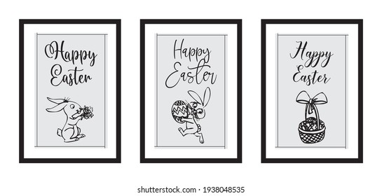 Three different design minimalist poster for happy easter in black frame with eggs,nest, typography - vector