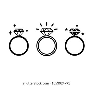 Three Different Diamond Ring Designs. Engagement Or Wedding Crystal Band Line Icon Collection. Shiny Rings Vector Illustration. Bridal Shower. Bachelorette Party (hen Party) Black And White Signs.