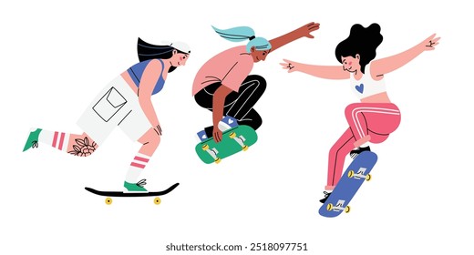 Três diferentes meninas diversas montando e pulando em skates, realizando flops e truques. Ilustrações isoladas de vetor desenhadas à mão