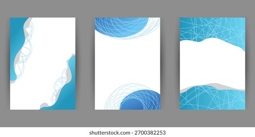 Três modelos de documento diferentes com designs de onda na parte superior e inferior, cada um com texto de espaço reservado Lorem Ipsum. Definido contra um plano de fundo cinza. Conceito de maquete e modelo