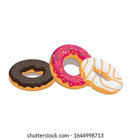 Three different donuts glazed on a white isolated background. Vector image eps 10