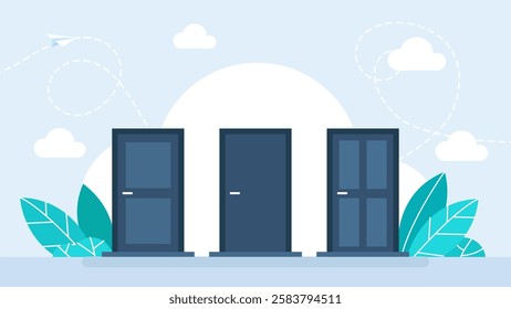 Three different doors. Choosing a path, options for solutions. Set of doors with chrome handles. Choice concept. Business concept. Vector illustration.