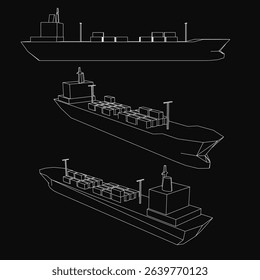 Three different drawings of a ship. The first drawing is a large ship with a lot of cargo. The second drawing is a smaller ship with a few cargo containers