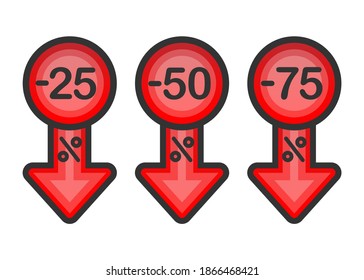 Tres caídas diferentes en porcentaje sobre fondo blanco. Interés de tasas. Ilustración vectorial.