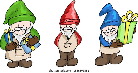 Three different dwarfs with gifts