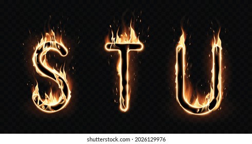 Three different fiery letters of the alphabet on a black background. Special effect of transparent smoke. Very realistic illustration.