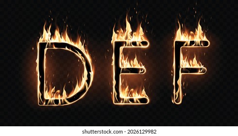Three different fiery letters of the alphabet on a black background. Special effect of transparent smoke. Very realistic illustration.