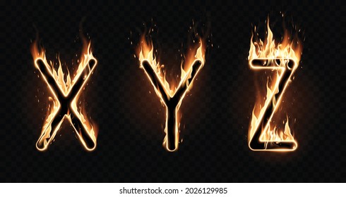 Three different fiery letters of the alphabet on a black background. Special effect of transparent smoke. Very realistic illustration.