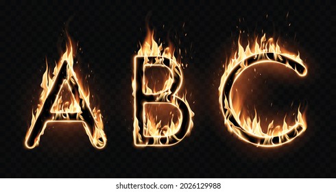 Three different fiery letters of the alphabet on a black background. Special effect of transparent smoke. Very realistic illustration.